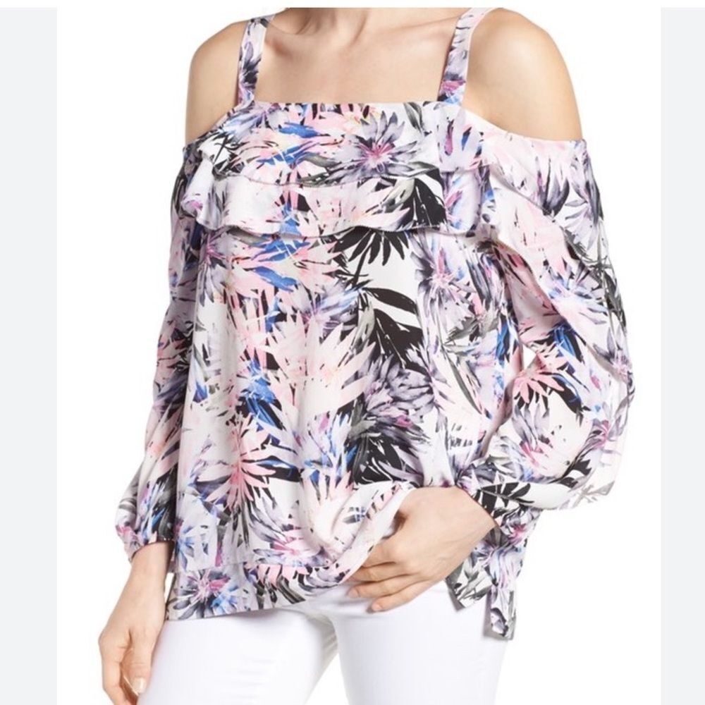 NYDJ Blouse Womens Medium Boho Hawaiian Tropical Floral Top Ruffle Cold Shoulder